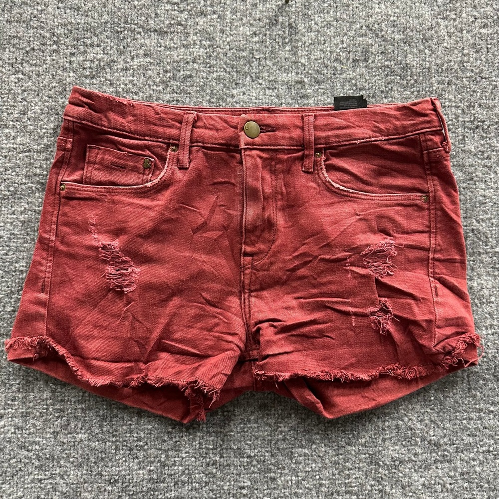 H&M Denim Shorts Womens Size 6 Burgundy Red Distressed Raw Hem Ripped Stretch